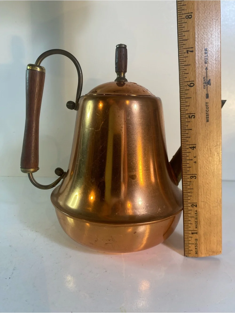 Vintage Mid Century Spartan Copper Teapot - Wooden Handle and Brass Accents